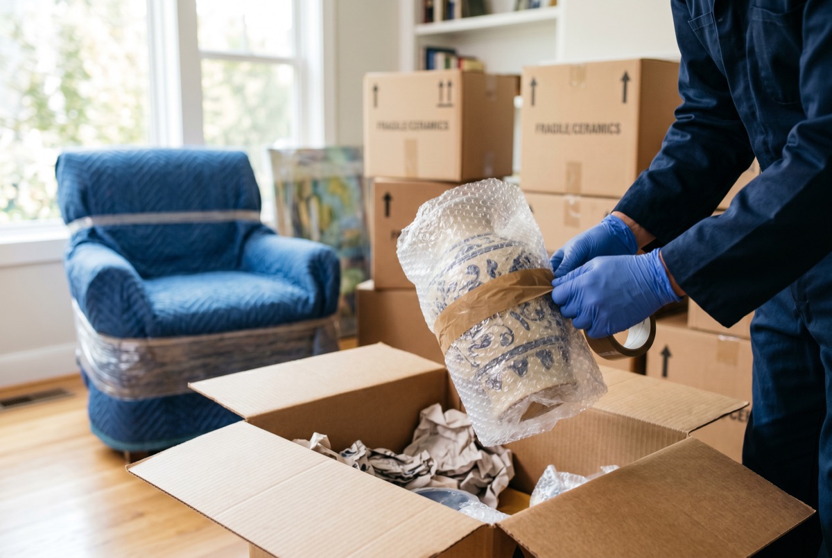 Removals team carefully bubble-wrapping a vase for packing